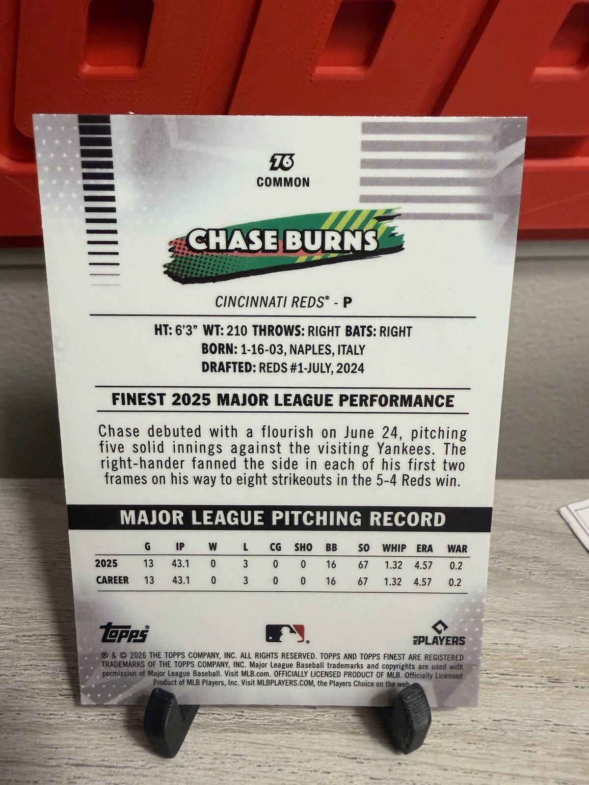 2026 Topps Finest Baseball - CHASE BURNS - Common (RC) #76 Reds 1
