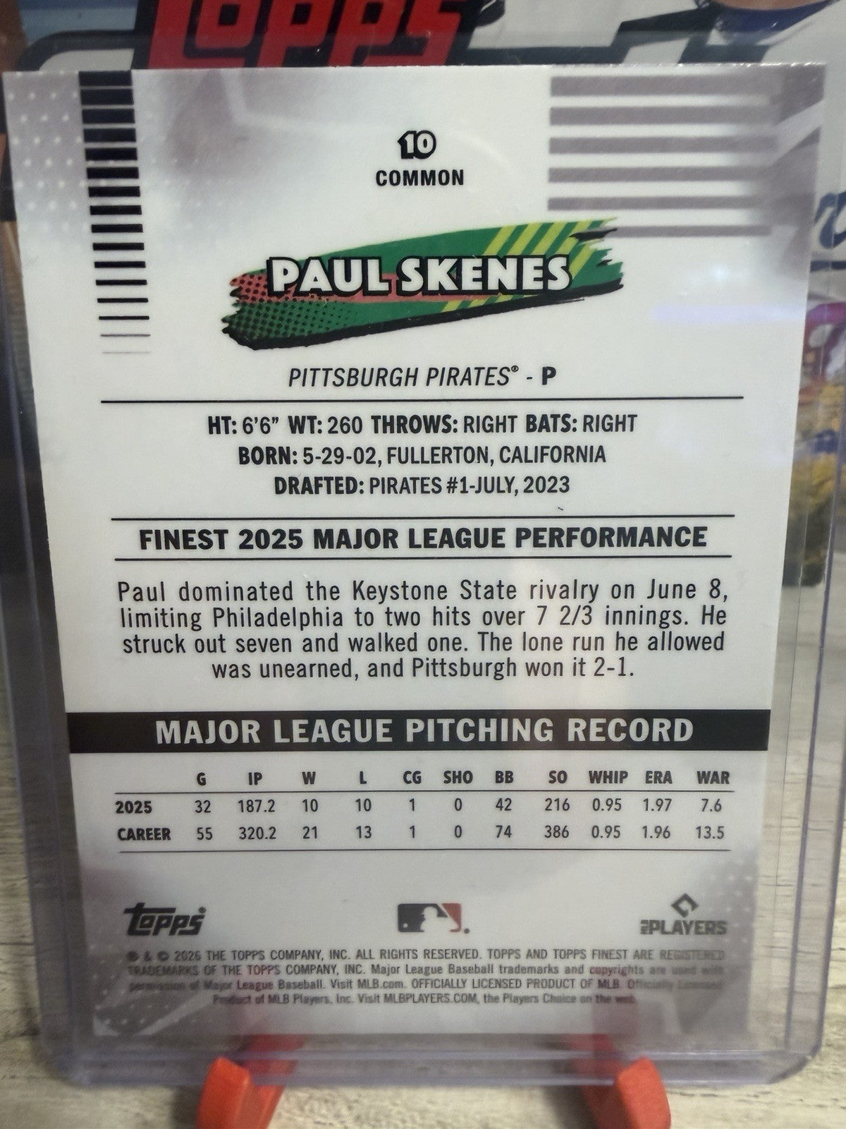 2026 Topps Finest #10 Paul Skenes Base Card Common Pittsburgh Pirates1