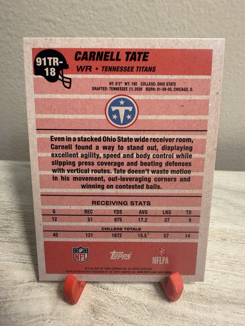 Topps 2026 Carnell Tate Tennessee Titans Rookie RC 91TR-18 Crackle Foil1