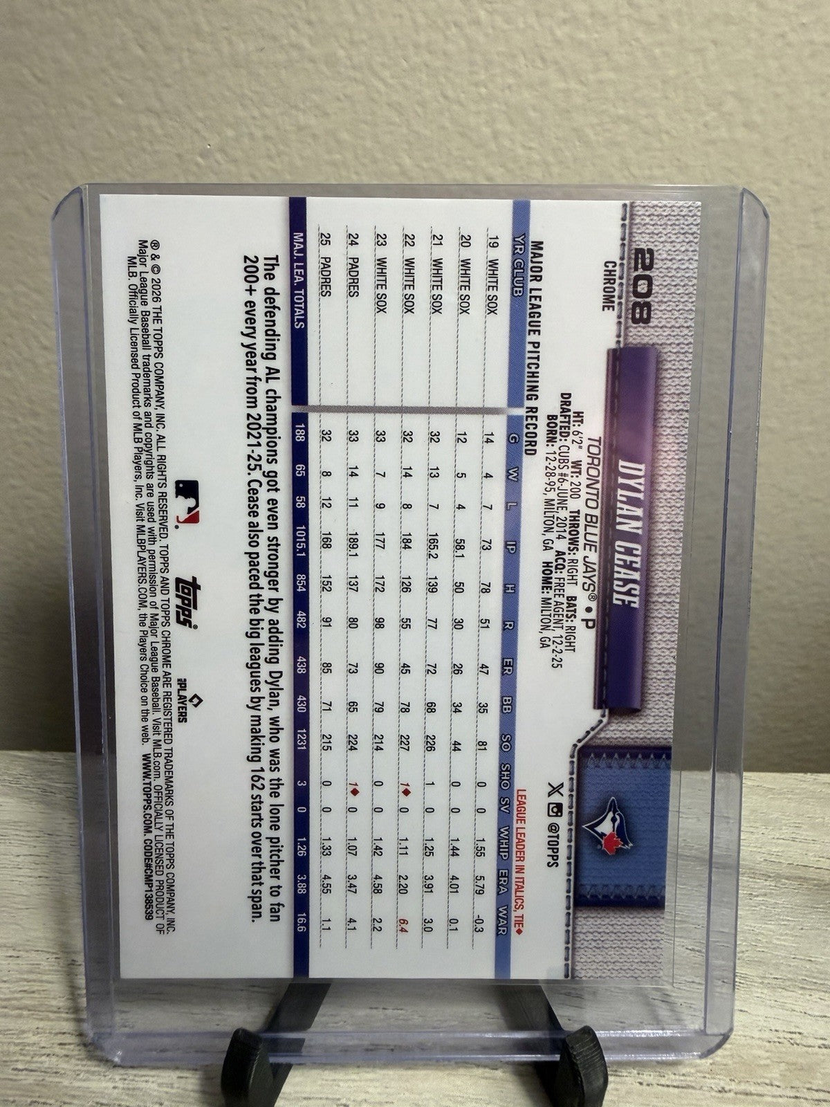 2026 Topps Chrome Dylan Cease Red White Blue Refractor #208 Toronto Blue Jays1