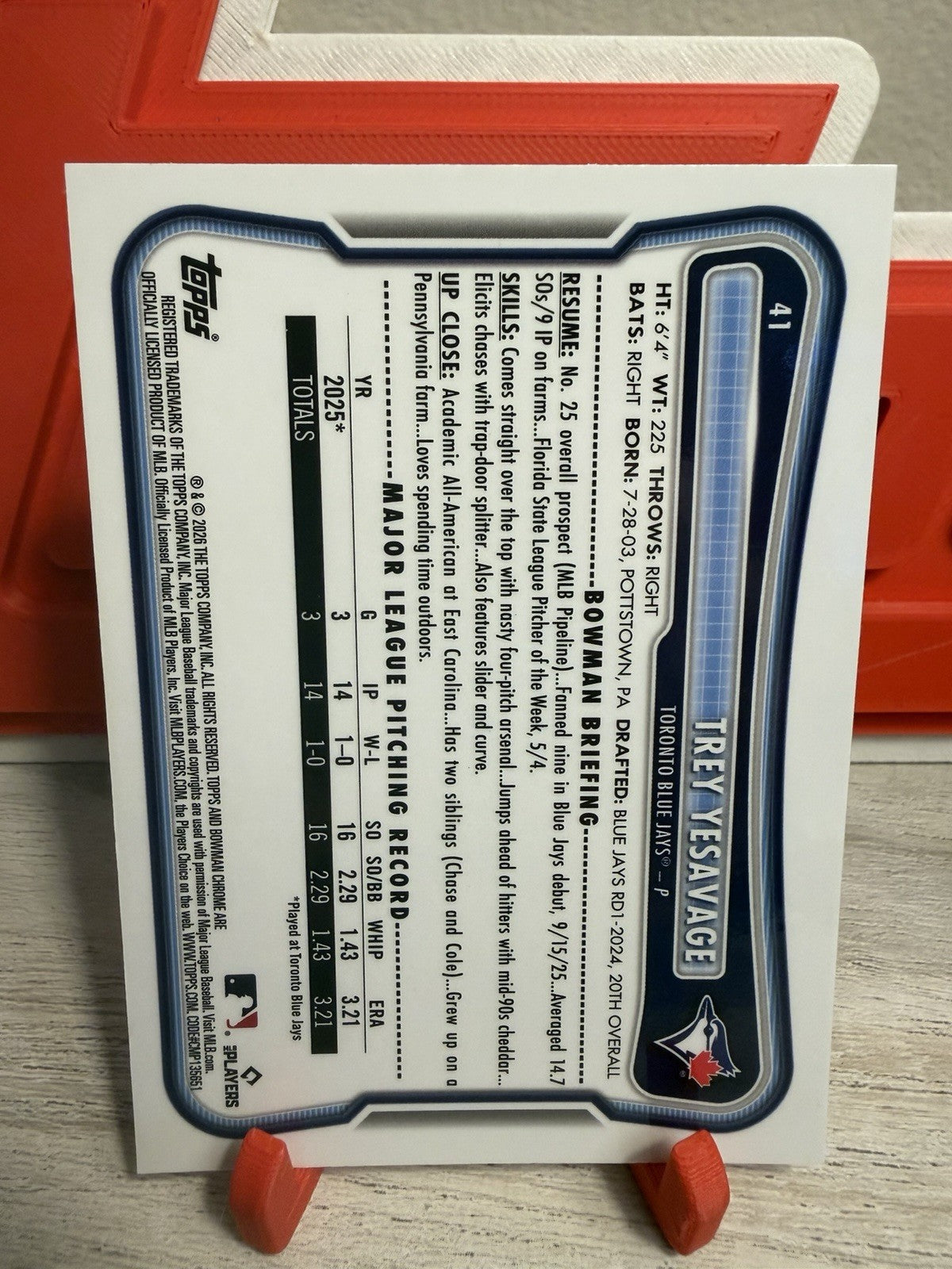 Trey Yesavage 2026 Bowman Chrome Rookie /250 Purple Mojo Refractor RC Blue Jays1