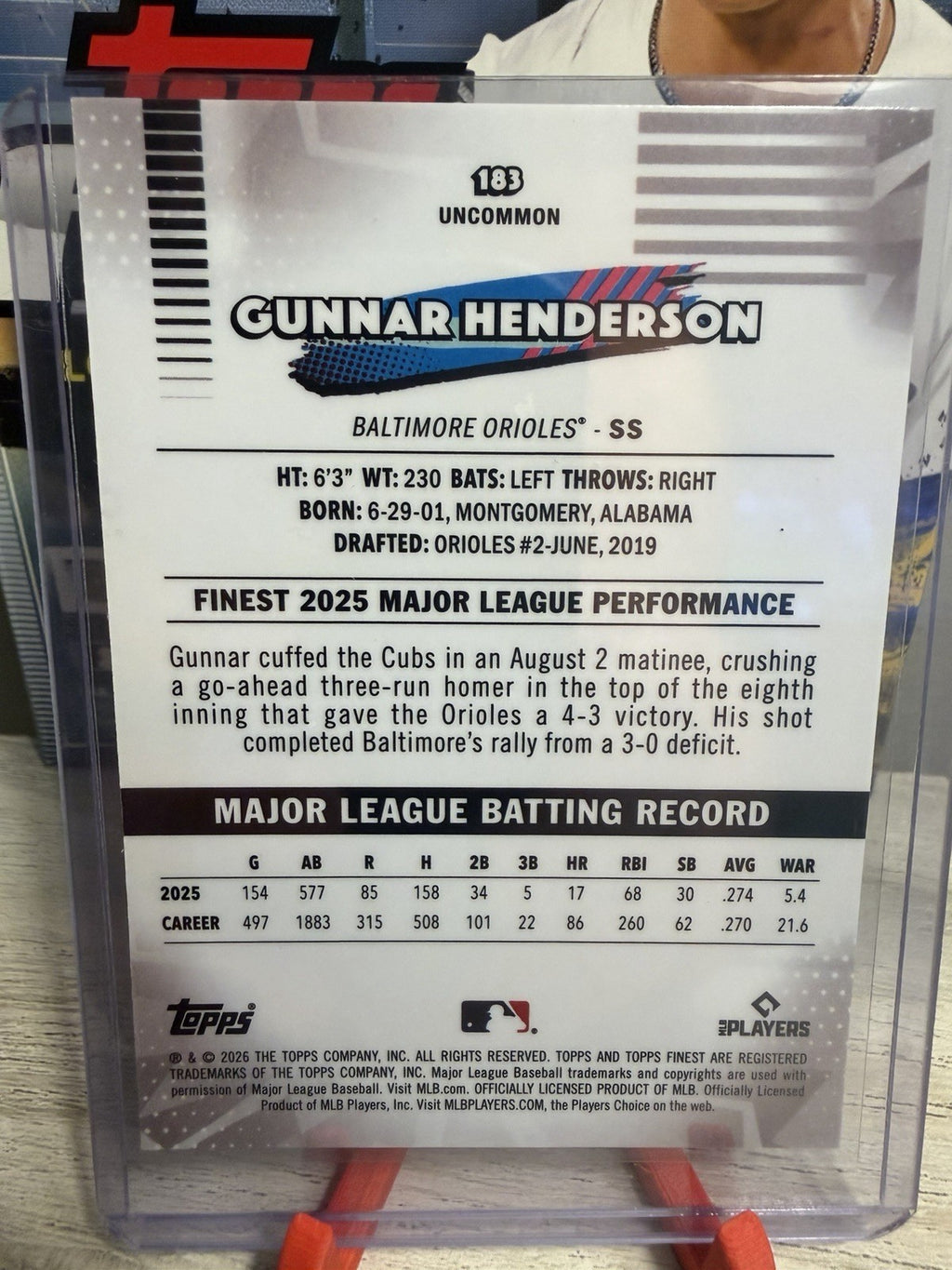 2026 Topps Finest- Gunnar Henderson #183 Uncommon Baltimore Orioles1