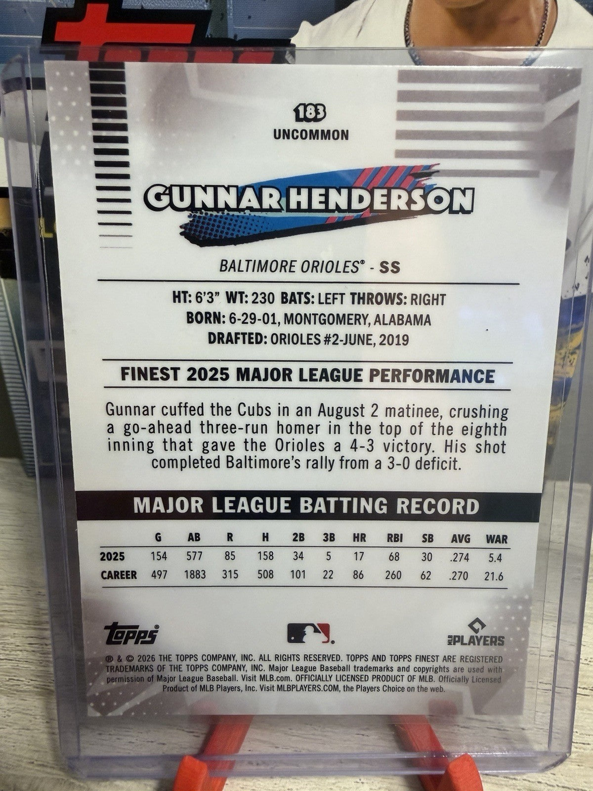 2026 Topps Finest- Gunnar Henderson #183 Uncommon Baltimore Orioles1
