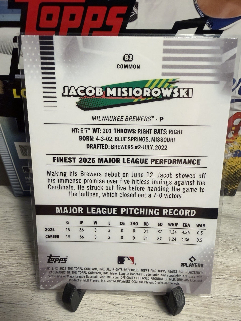 JACOB MISIOROWSKI 2026 Topps Finest #82 Common Rookie RC Milwaukee Brewers1