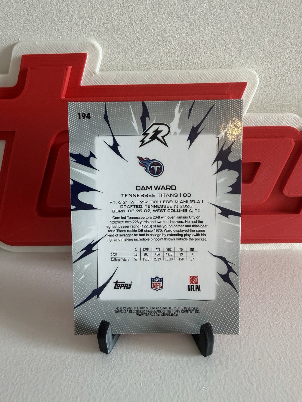 Topps Football 2025 Cam Ward Tennessee Titans Rookie Refractor #1941